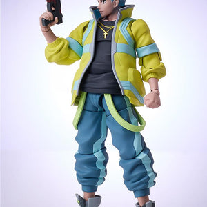 Cyberpunk: Edgerunners David 1/12 scale figure posing with a black and red handgun accessory in his right hand.