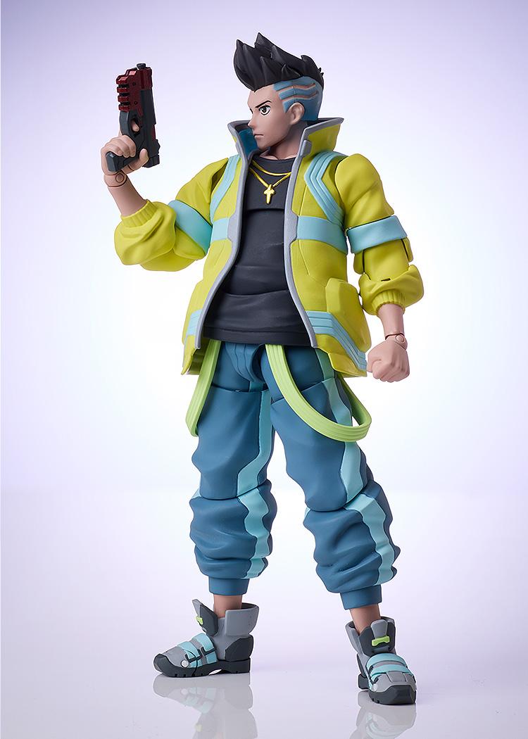 Cyberpunk: Edgerunners David 1/12 scale figure posing with a black and red handgun accessory in his right hand.