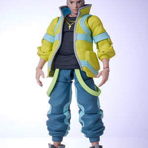 Full-body front view of the David Martinez BUZZmod collectible anime figure standing on a reflective surface against a light purple gradient studio backdrop.