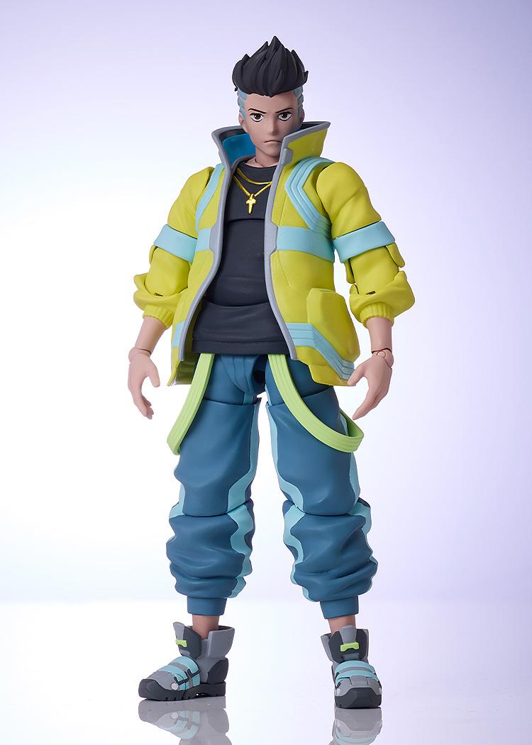 Full-body front view of the David Martinez BUZZmod collectible anime figure standing on a reflective surface against a light purple gradient studio backdrop.