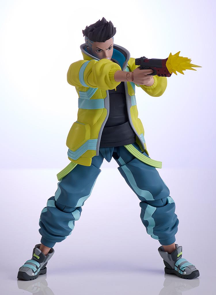 Action pose of the David Martinez action figure aiming his handgun forward with a translucent yellow muzzle flash effect part attached.