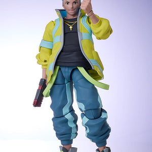 Confident pose of David from Cyberpunk: Edgerunners action figure featuring a smiling face plate and giving a thumbs-up gesture.