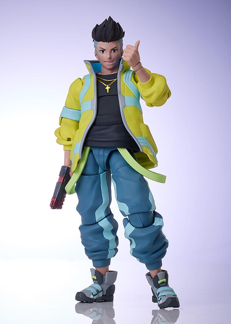 Confident pose of David from Cyberpunk: Edgerunners action figure featuring a smiling face plate and giving a thumbs-up gesture.