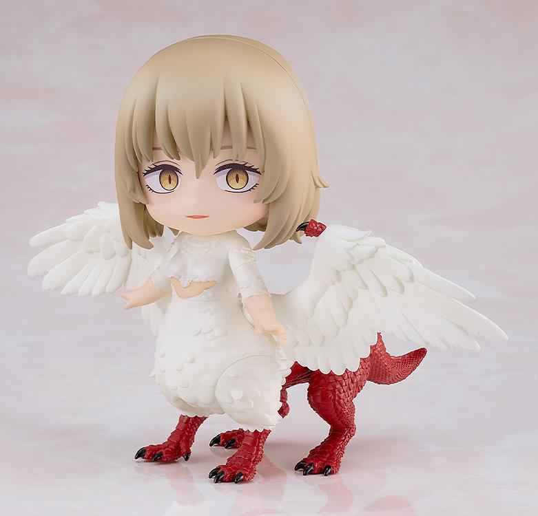 Full-body front studio view of the Falin (Chimera) Nendoroid figure showing her white feathered torso and red scaled dragon body.