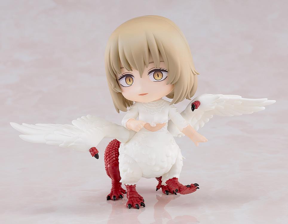 Front view of the Falin (Chimera) Nendoroid figure standing with white wings extended outwards.