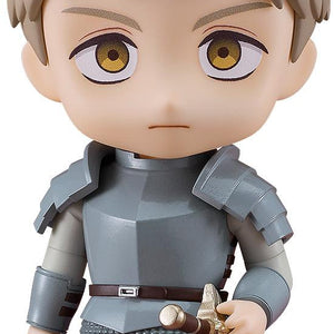 Close-up of the Laios Touden Nendoroid from Delicious in Dungeon showing his classic straight face and silver plate armor.