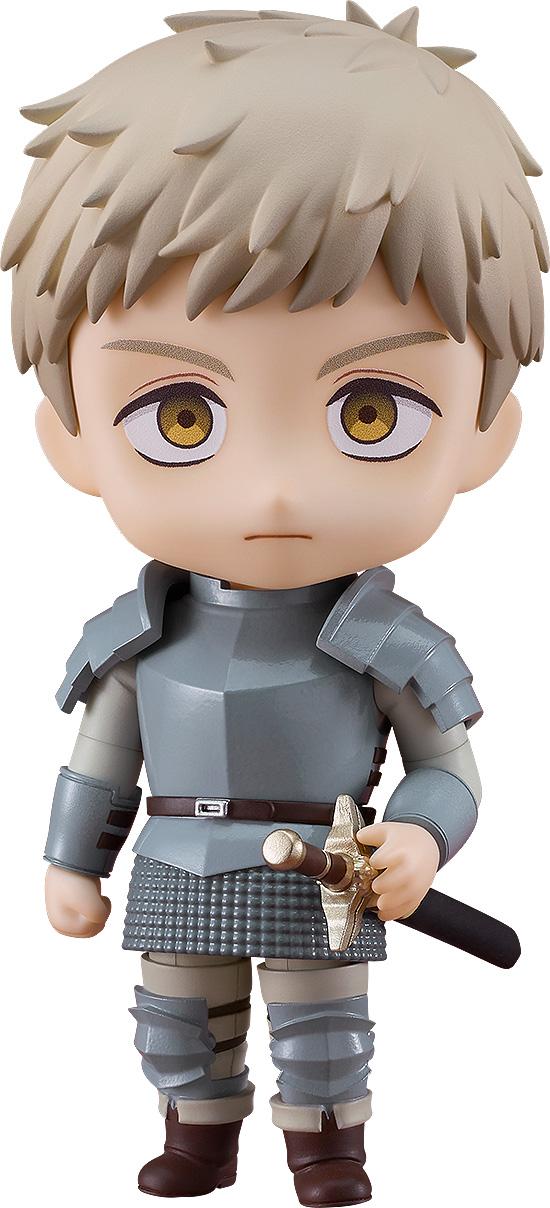 Close-up of the Laios Touden Nendoroid from Delicious in Dungeon showing his classic straight face and silver plate armor.