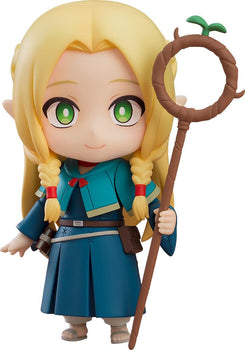 Full front view of the Marcille Donato Nendoroid from Delicious in Dungeon featuring her blonde braids and Ambrosia staff.