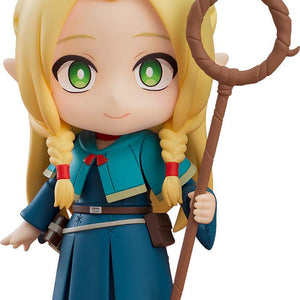 Full front view of the Marcille Donato Nendoroid from Delicious in Dungeon featuring her blonde braids and Ambrosia staff.