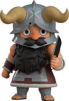 Full front view of the Senshi Nendoroid from Delicious in Dungeon featuring his iconic horned helmet and Mithril cooking knife.