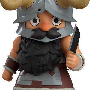 Full front view of the Senshi Nendoroid from Delicious in Dungeon featuring his iconic horned helmet and Mithril cooking knife.