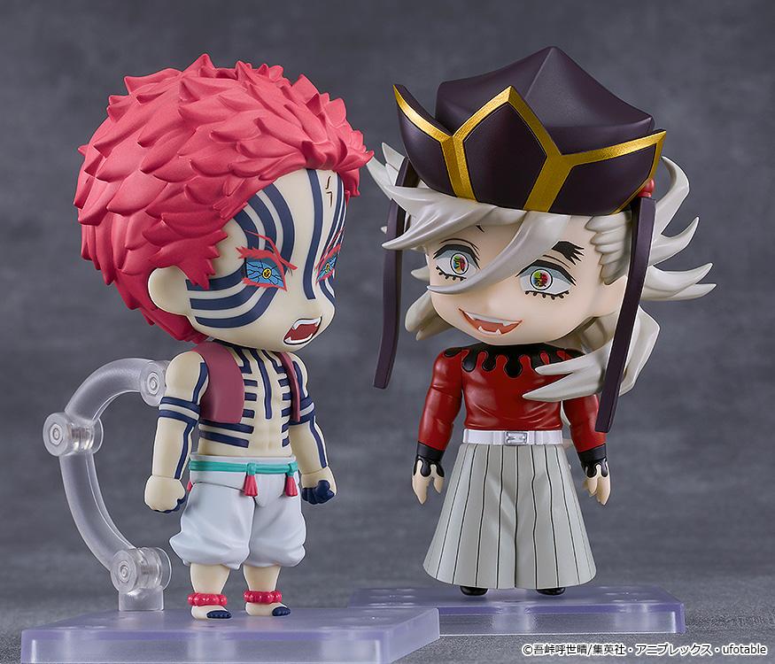 Upper Rank demons Doma and Akaza Nendoroid figures displayed side-by-side on clear stands.
