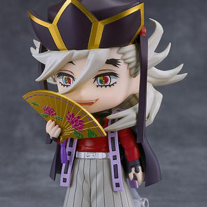 Three-quarter pose of Doma Nendoroid figure holding open golden folding fan and displaying rainbow demon eyes.