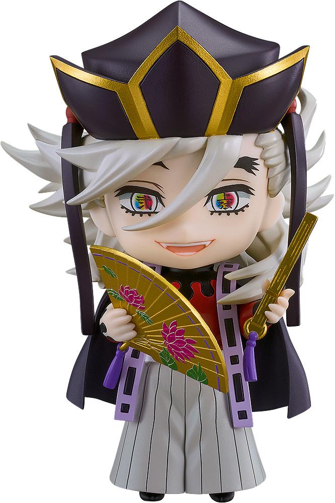Isolated product studio view of the Good Smile Company Demon Slayer Doma Nendoroid figure holding two fans.