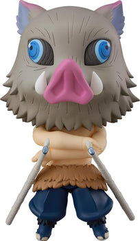 Close-up front view of Inosuke Hashibira Nendoroid wearing his iconic grey boar mask.