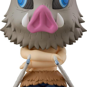 Close-up front view of Inosuke Hashibira Nendoroid wearing his iconic grey boar mask.