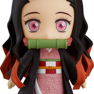 Front view of Nezuko Kamado Nendoroid from Demon Slayer with her signature bamboo gag and pink kimono.