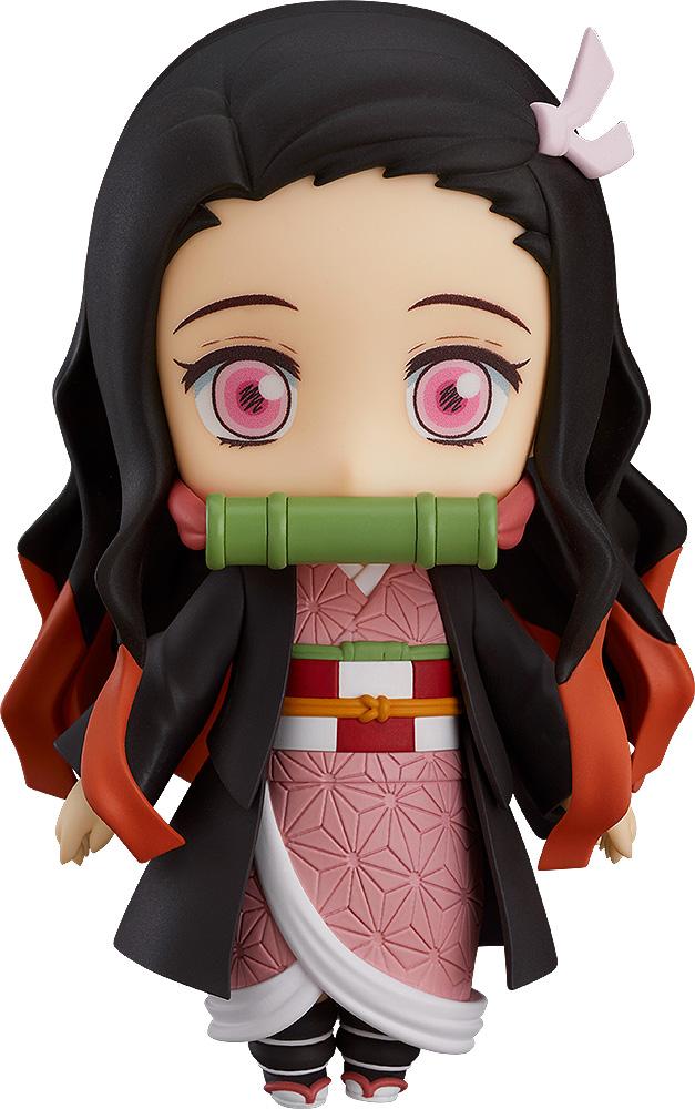 Front view of Nezuko Kamado Nendoroid from Demon Slayer with her signature bamboo gag and pink kimono.