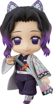 Frontal view of Shinobu Kocho Nendoroid in her demon slayer uniform with her hand on the sword hilt.