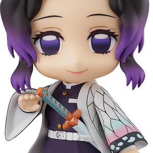Frontal view of Shinobu Kocho Nendoroid in her demon slayer uniform with her hand on the sword hilt.