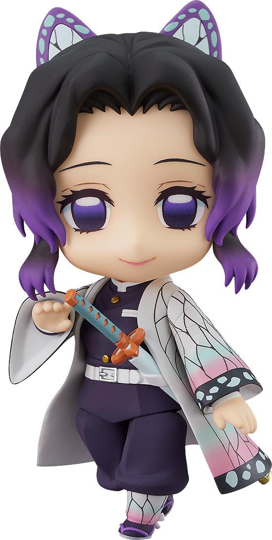 Frontal view of Shinobu Kocho Nendoroid in her demon slayer uniform with her hand on the sword hilt.