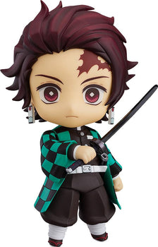 Front view of Tanjiro Kamado Nendoroid holding his black Nichirin Blade in his iconic checkered haori.