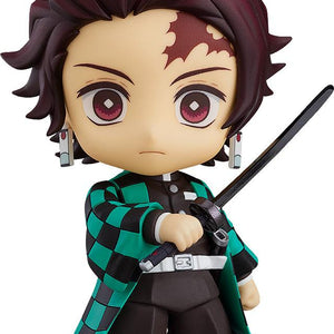 Front view of Tanjiro Kamado Nendoroid holding his black Nichirin Blade in his iconic checkered haori.