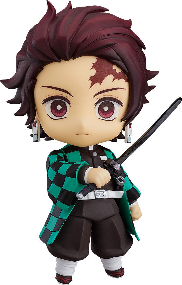 Front view of Tanjiro Kamado Nendoroid holding his black Nichirin Blade in his iconic checkered haori.