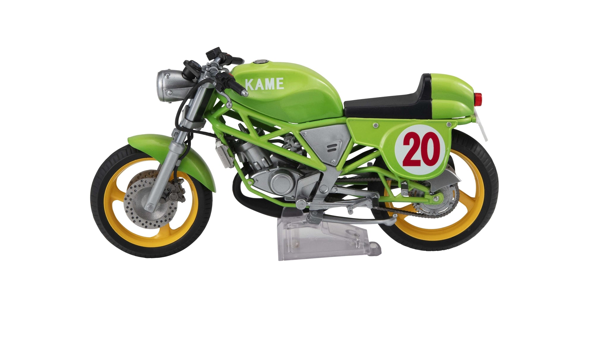 Side view of the standalone green motorcycle from the Desktop Real McCoy series, showcasing the "KAME" logo and intricate engine parts.