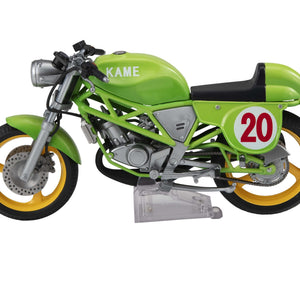 Side view of the standalone green motorcycle from the Desktop Real McCoy series, showcasing the "KAME" logo and intricate engine parts.