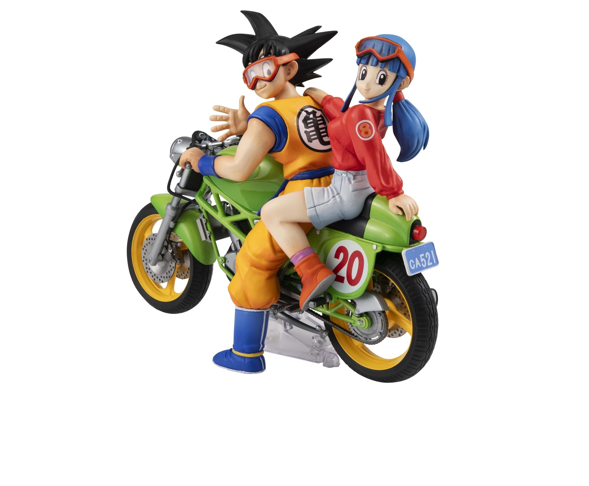 Rear view of the Desktop Real McCoy Dragon Ball Z figure showcasing young adult Son Goku and Chi-Chi riding a green motorcycle.