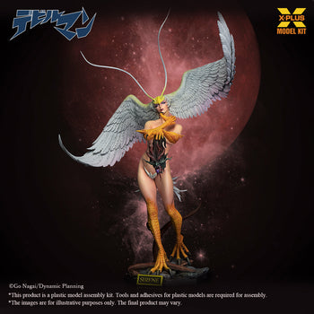 Full body front view of the 1/8 scale Sirene model kit from Devilman, featuring large white raptor-like wings and a blissful expression.