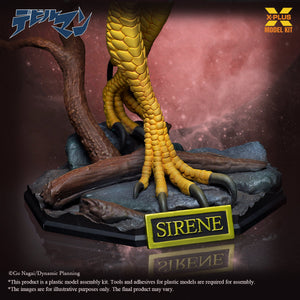 Detailed view of the Sirene figure's bird-like talons and the themed base featuring a "SIRENE" nameplate and wood debris.
