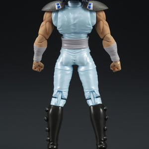 Rear back view of the DIGACTION Fist of the North Star Rei action figure showing hair sculpt and shoulder pads.