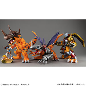 Digimon Adventure G.E.M. Series figure collection display showing Greymon, MetalGreymon, and WarGreymon