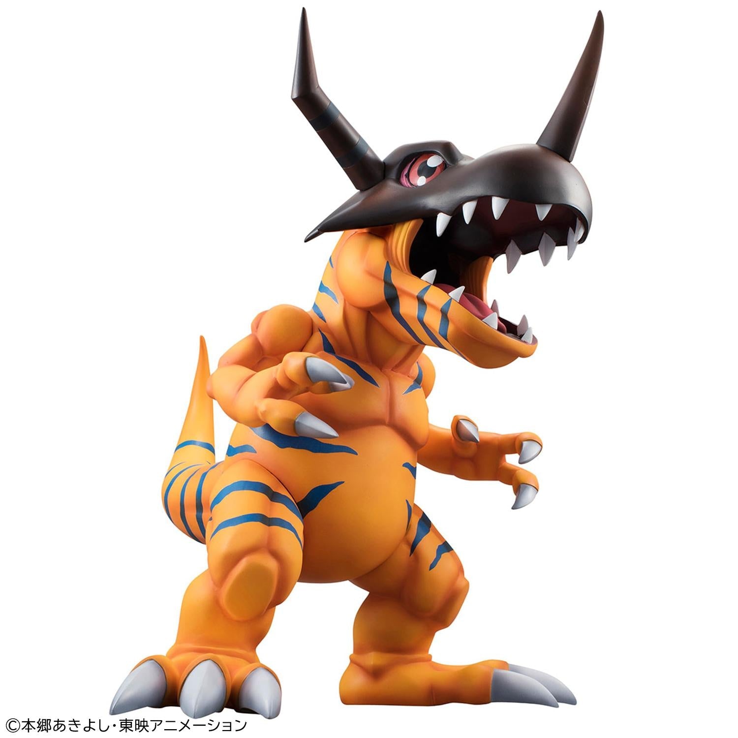 Low angle front perspective view of the Precious G.E.M. Greymon figure showcasing its roaring open jaw and claws