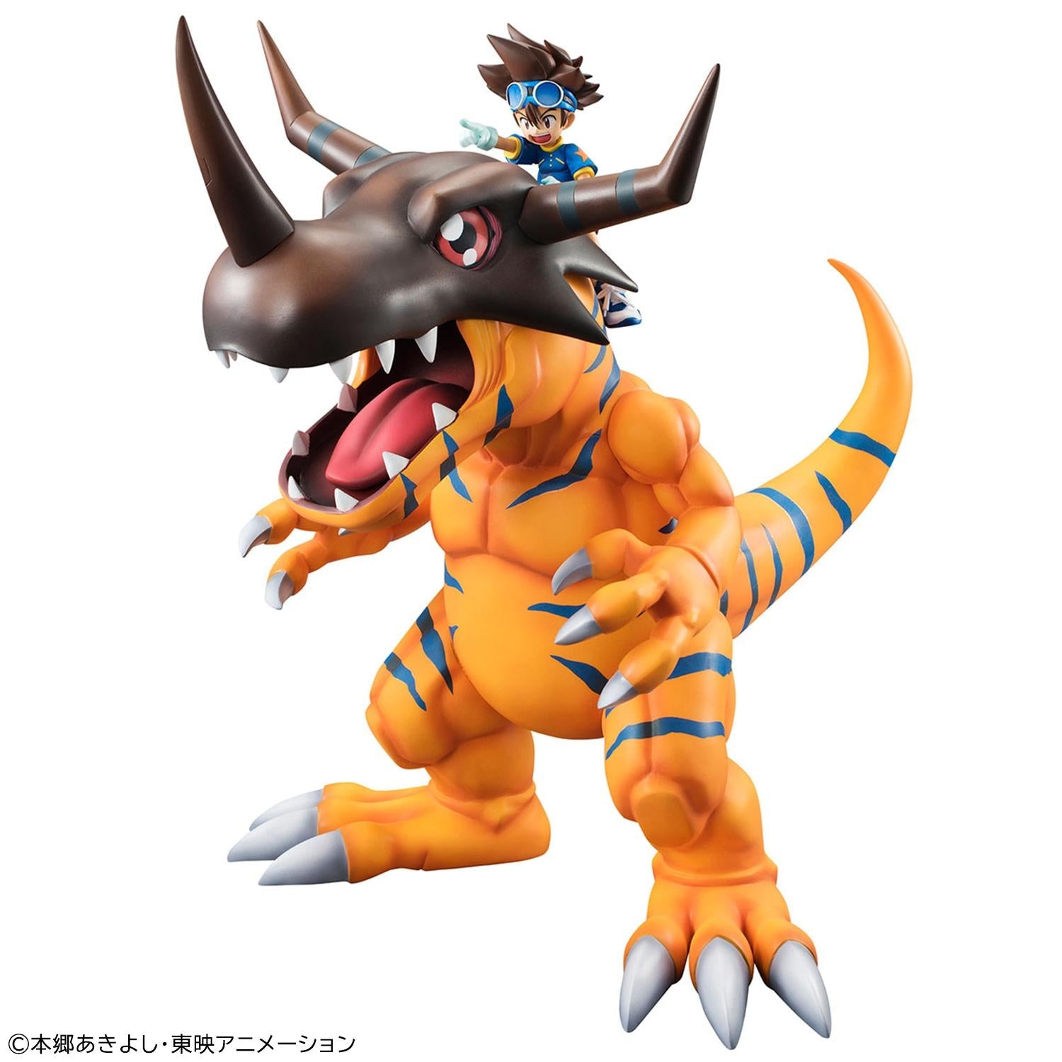 Front view of Megahouse Precious G.E.M. Digimon Adventure Greymon figure with Taichi Yagami riding on his head