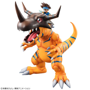 Front view of Megahouse Precious G.E.M. Digimon Adventure Greymon figure with Taichi Yagami riding on his head