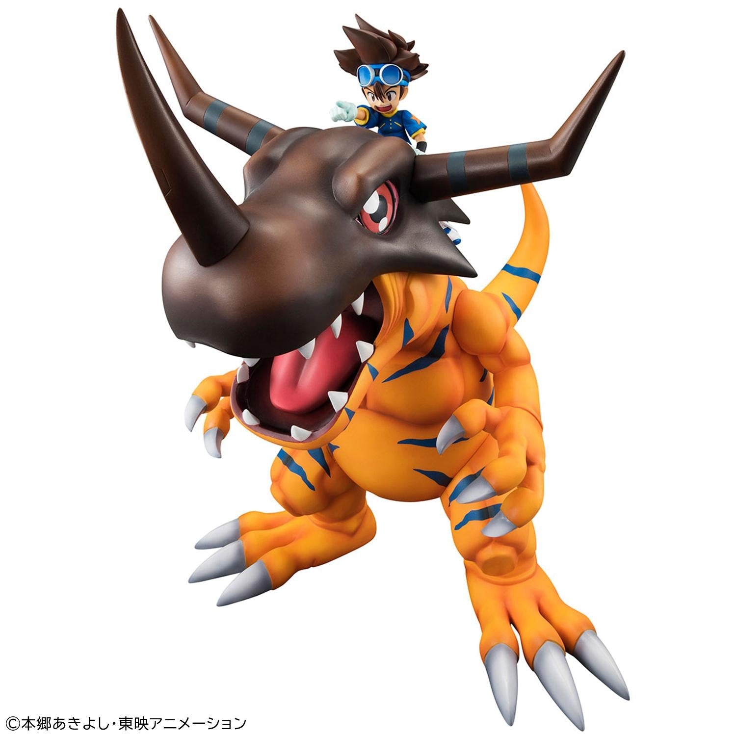 High angle front perspective of Megahouse Digimon Adventure Greymon and Taichi Yagami Precious G.E.M. statue