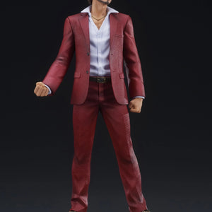 A three-quarter front view of the Ichiban Kasuga figure, emphasizing the texture of the red suit.