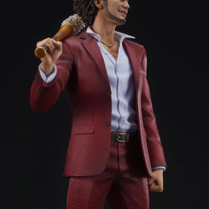 A mid-range close-up of the Ichiban Kasuga figure's torso and face, holding the bat and smiling confidently.