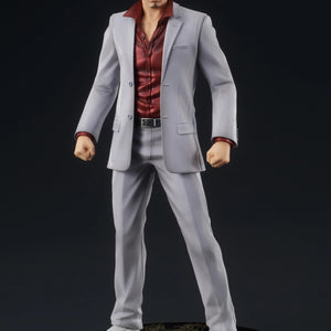 Full frontal view of the DIGSTA Yakuza Kazuma Kiryu figure, standing in his signature gray suit and red shirt on an Oryu dragon patterned base.
