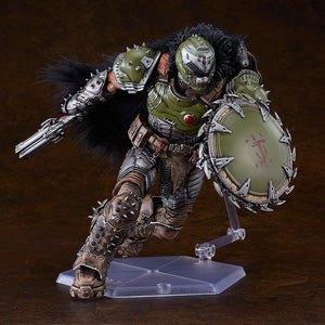 Fully articulated deluxe Doom Slayer figma action figure dynamically charging forward with his super shotgun readied and green shield extended.