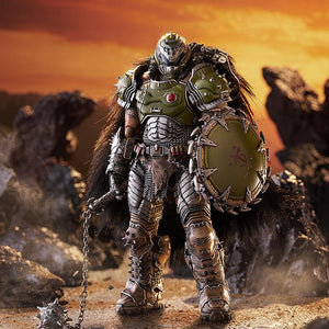 Cinematic diorama shot of the deluxe Doom Slayer figma figure standing defiantly with his flail and shield amidst rocky ruins under a blazing sunset sky.