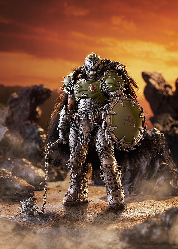 Cinematic diorama shot of the deluxe Doom Slayer figma figure standing defiantly with his flail and shield amidst rocky ruins under a blazing sunset sky.