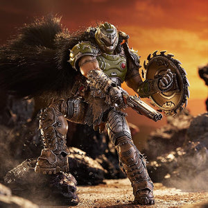 Dramatic action diorama featuring the figma Doom Slayer figure stepping over rocky terrain under a fiery orange sky, holding the super shotgun and chain shield.