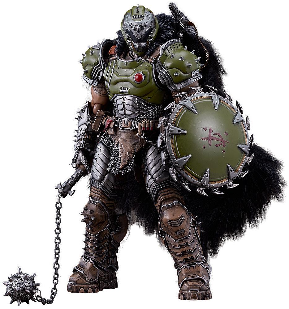 Front product view of the Doom: The Dark Ages Doom Slayer figma DX Edition figure, showcasing his heavy green armor, fur cape, chain shield, and the deluxe flail weapon resting on the ground.