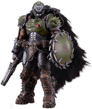 Front product view of the Doom: The Dark Ages Doom Slayer figma action figure clad in green and brown medieval-style armor, a fur cape, and holding a shotgun and shield.