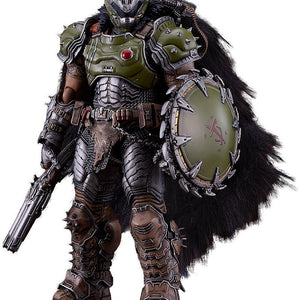 Front product view of the Doom: The Dark Ages Doom Slayer figma action figure clad in green and brown medieval-style armor, a fur cape, and holding a shotgun and shield.