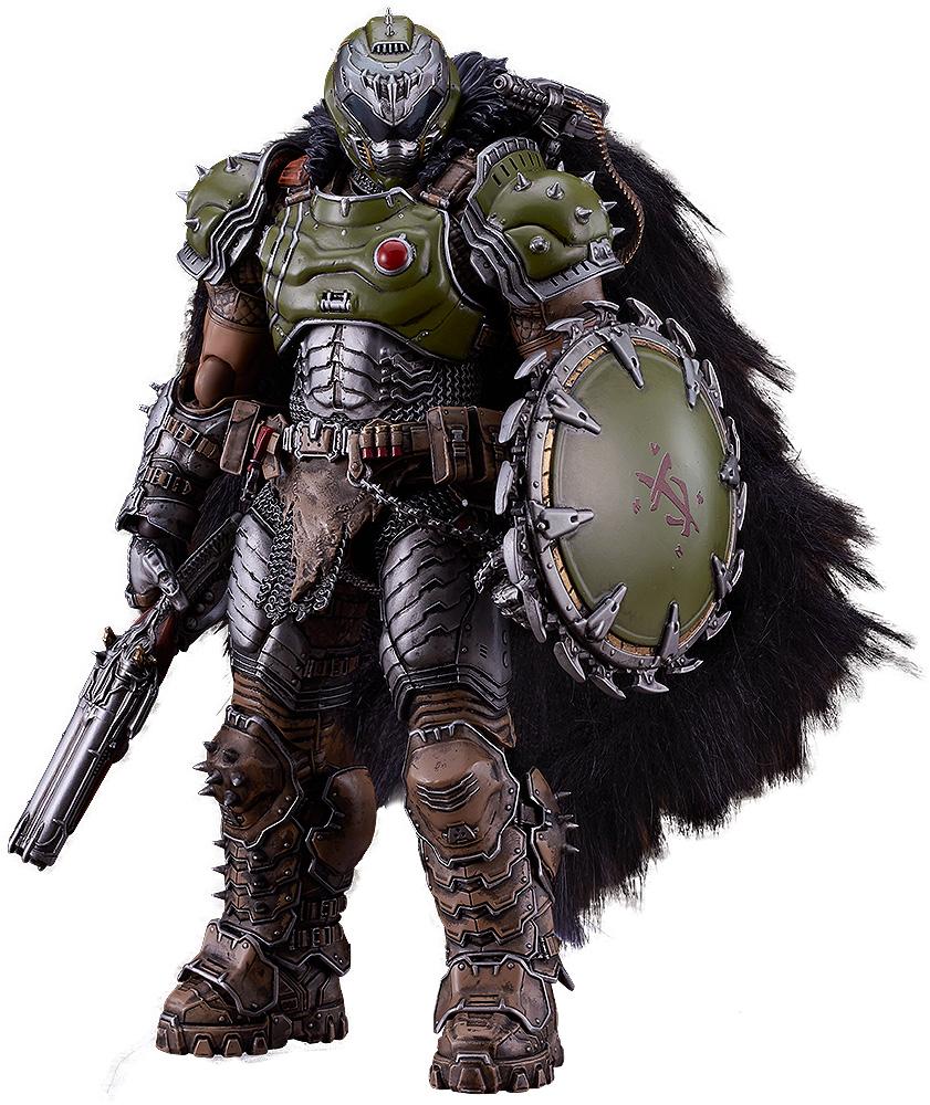 Front product view of the Doom: The Dark Ages Doom Slayer figma action figure clad in green and brown medieval-style armor, a fur cape, and holding a shotgun and shield.